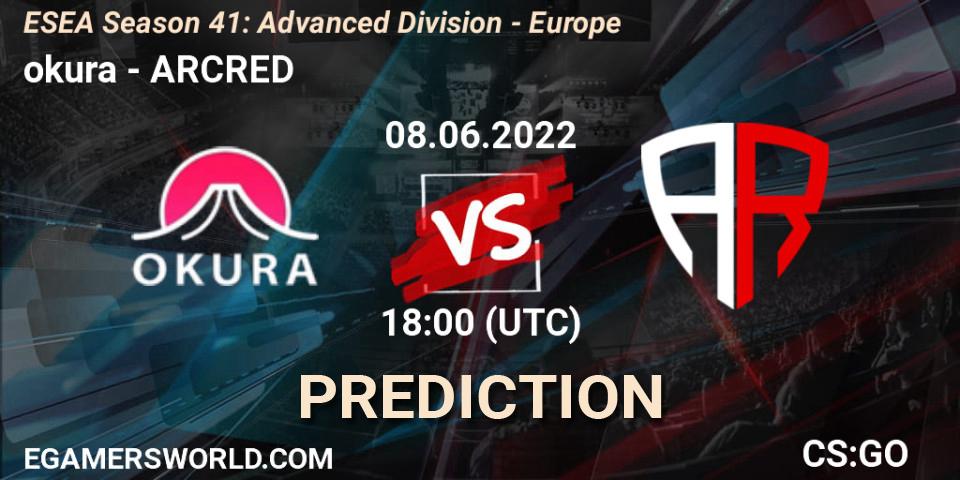 Prognose für das Spiel okura VS ARCRED. 08.06.2022 at 18:00. Counter-Strike (CS2) - ESEA Season 41: Advanced Division - Europe