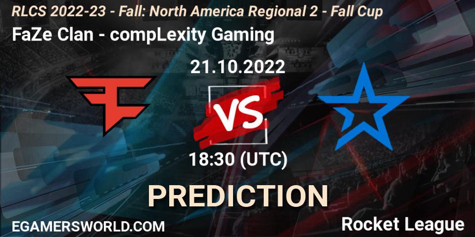 Prognose für das Spiel FaZe Clan VS compLexity Gaming. 21.10.2022 at 18:30. Rocket League - RLCS 2022-23 - Fall: North America Regional 2 - Fall Cup