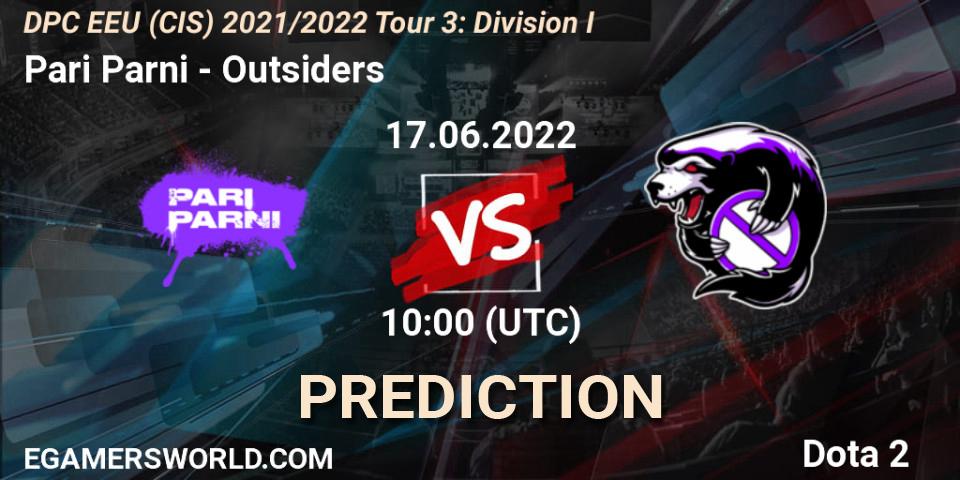 Prognose für das Spiel Pari Parni VS Outsiders. 17.06.2022 at 10:33. Dota 2 - DPC EEU (CIS) 2021/2022 Tour 3: Division I