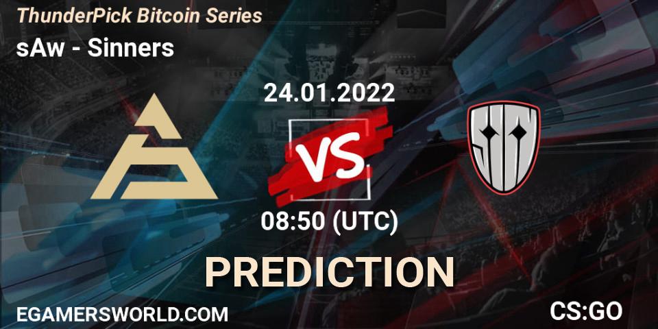 Prognose für das Spiel sAw VS Sinners. 24.01.2022 at 08:50. Counter-Strike (CS2) - ThunderPick Bitcoin Series