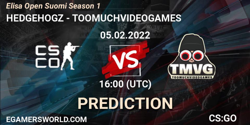 Prognose für das Spiel HEDGEHOGZ VS TOOMUCHVIDEOGAMES. 05.02.2022 at 16:00. Counter-Strike (CS2) - Elisa Open Suomi Season 1