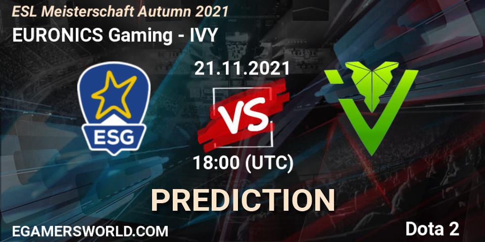 Prognose für das Spiel EURONICS Gaming VS IVY. 21.11.2021 at 16:35. Dota 2 - ESL Meisterschaft Autumn 2021