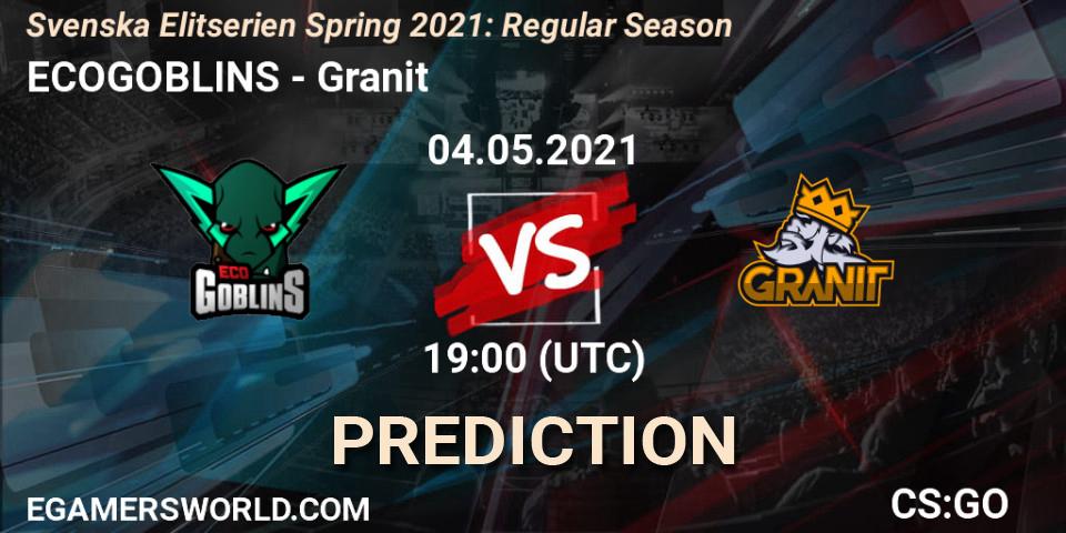 Prognose für das Spiel ECOGOBLINS VS Granit. 04.05.2021 at 19:00. Counter-Strike (CS2) - Svenska Elitserien Spring 2021: Regular Season
