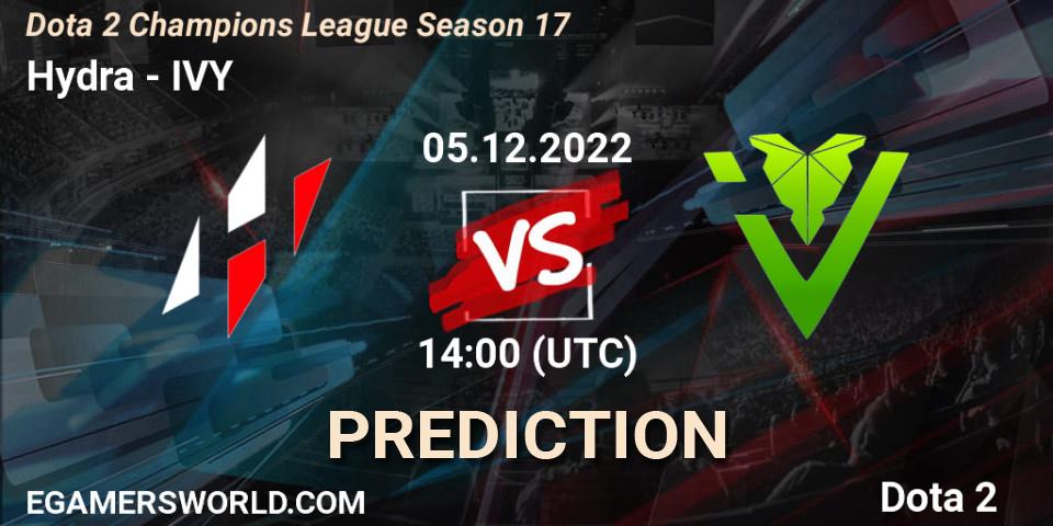 Prognose für das Spiel Hydra VS IVY. 05.12.2022 at 14:00. Dota 2 - Dota 2 Champions League Season 17