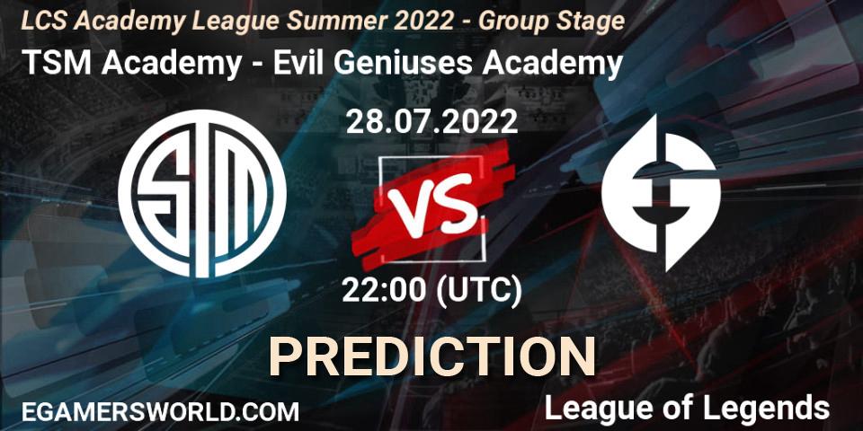 Prognose für das Spiel TSM Academy VS Evil Geniuses Academy. 28.07.2022 at 22:00. LoL - LCS Academy League Summer 2022 - Group Stage