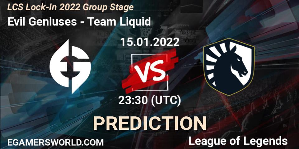 Prognose für das Spiel Evil Geniuses VS Team Liquid. 15.01.2022 at 23:15. LoL - LCS Lock-In 2022 Group Stage