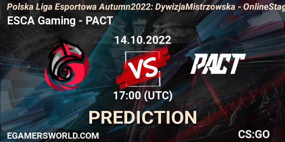 Prognose für das Spiel ESCA Gaming VS PACT. 14.10.22. CS2 (CS:GO) - Polska Liga Esportowa Autumn 2022: Dywizja Mistrzowska - Online Stage