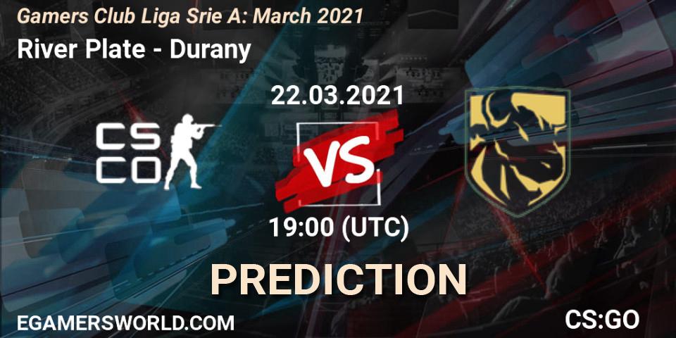 Prognose für das Spiel River Plate VS Durany. 22.03.2021 at 19:00. Counter-Strike (CS2) - Gamers Club Liga Série A: March 2021