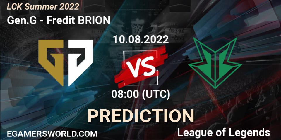 Prognose für das Spiel Gen.G VS Fredit BRION. 10.08.2022 at 08:00. LoL - LCK Summer 2022