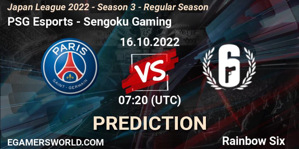Prognose für das Spiel PSG Esports VS Sengoku Gaming. 16.10.2022 at 07:20. Rainbow Six - Japan League 2022 - Season 3 - Regular Season