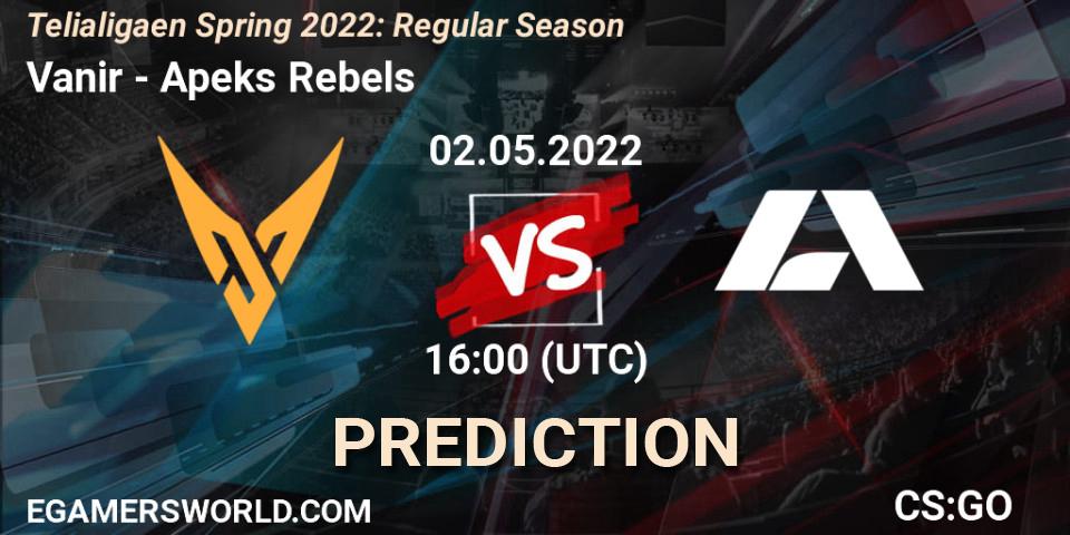 Prognose für das Spiel Vanir VS Apeks Rebels. 02.05.2022 at 16:00. Counter-Strike (CS2) - Telialigaen Spring 2022: Regular Season