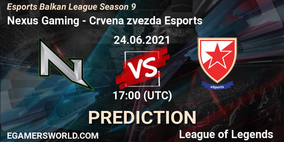 Prognose für das Spiel Nexus Gaming VS Crvena zvezda Esports. 24.06.2021 at 17:00. LoL - Esports Balkan League Season 9