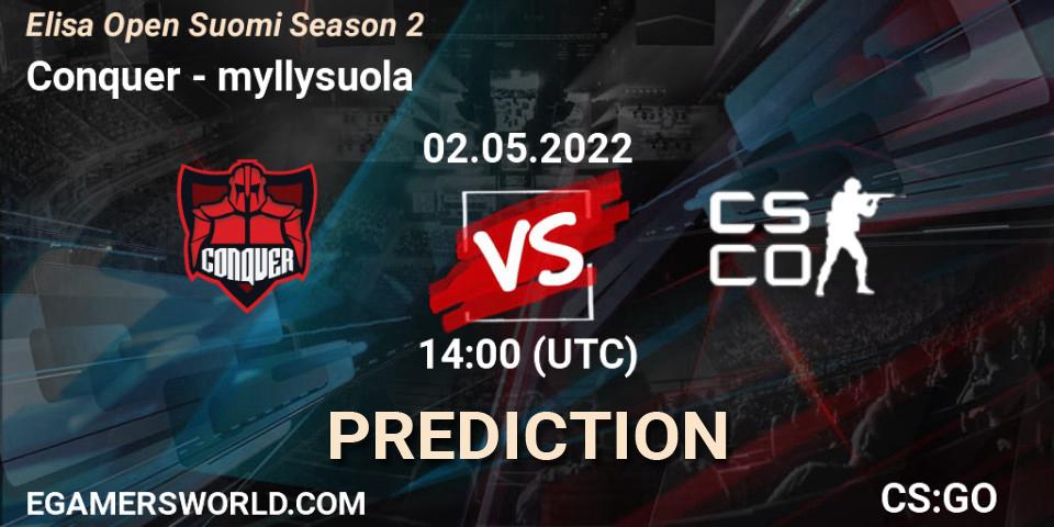 Prognose für das Spiel Conquer VS myllysuola. 02.05.2022 at 14:00. Counter-Strike (CS2) - Elisa Open Suomi Season 2