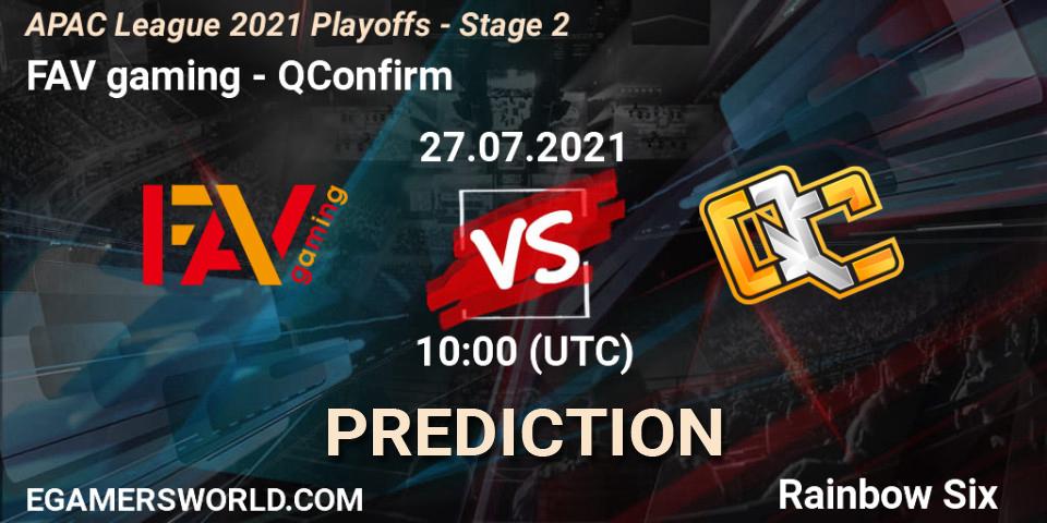 Prognose für das Spiel FAV gaming VS QConfirm. 27.07.2021 at 09:00. Rainbow Six - APAC League 2021 Playoffs - Stage 2