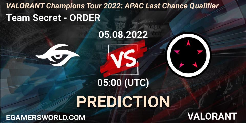 Prognose für das Spiel Team Secret VS ORDER. 05.08.2022 at 05:00. VALORANT - VCT 2022: APAC Last Chance Qualifier