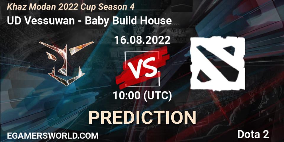 Prognose für das Spiel UD Vessuwan VS Baby Build House. 16.08.2022 at 10:04. Dota 2 - Khaz Modan 2022 Cup Season 4