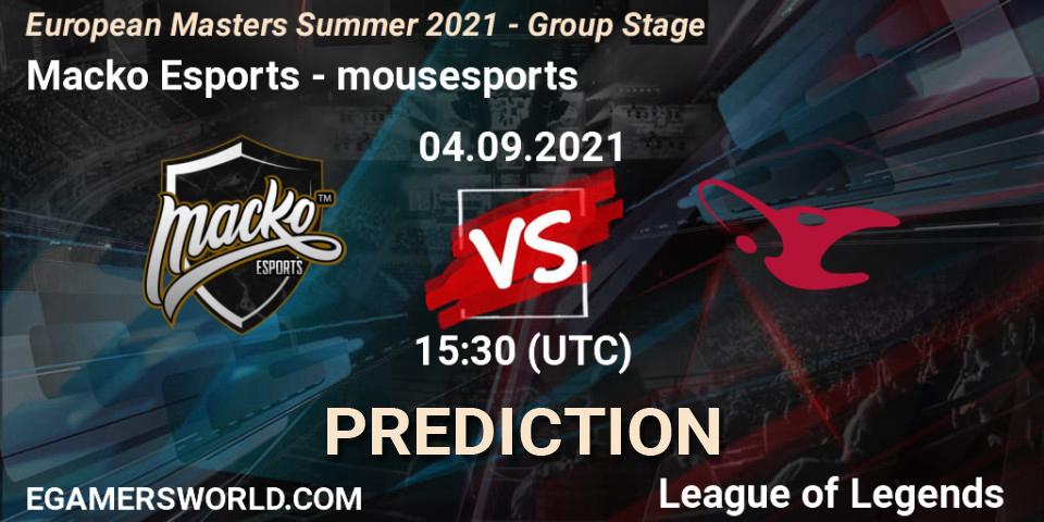 Prognose für das Spiel Macko Esports VS mousesports. 04.09.21. LoL - European Masters Summer 2021 - Group Stage
