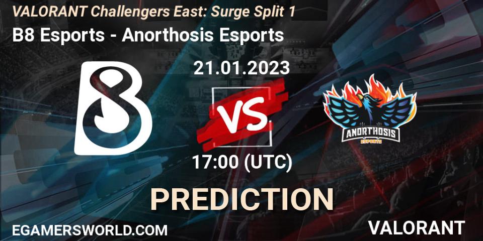 Prognose für das Spiel B8 Esports VS Anorthosis Esports. 21.01.2023 at 17:15. VALORANT - VALORANT Challengers 2023 East: Surge Split 1