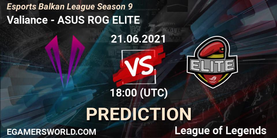 Prognose für das Spiel Valiance VS ASUS ROG ELITE. 21.06.2021 at 18:00. LoL - Esports Balkan League Season 9