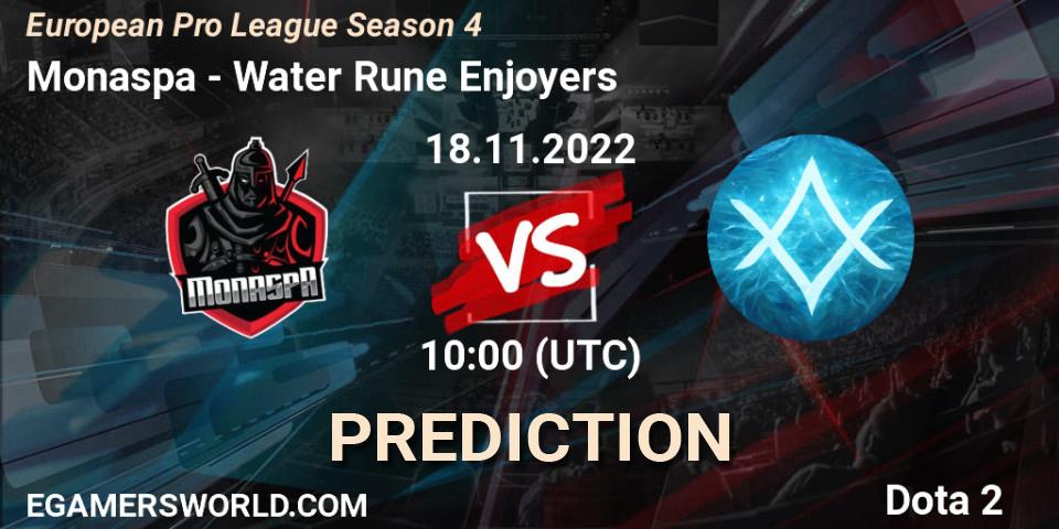 Prognose für das Spiel Monaspa VS Water Rune Enjoyers. 18.11.2022 at 10:06. Dota 2 - European Pro League Season 4