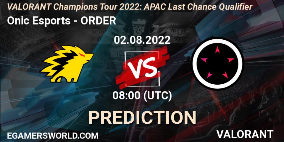 Prognose für das Spiel Onic Esports VS ORDER. 02.08.2022 at 08:00. VALORANT - VCT 2022: APAC Last Chance Qualifier