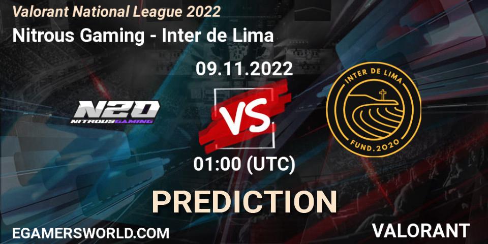 Prognose für das Spiel Nitrous Gaming VS Inter de Lima. 09.11.2022 at 01:00. VALORANT - Valorant National League 2022