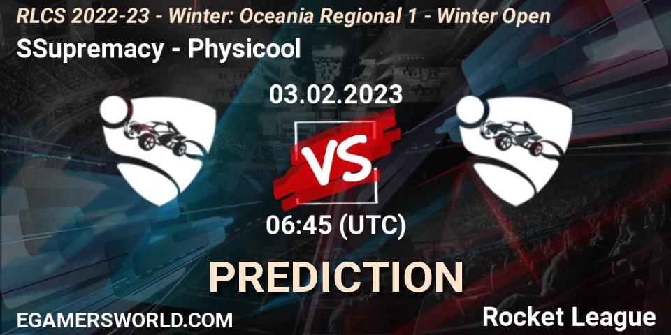 Prognose für das Spiel SSupremacy VS Physicool. 03.02.2023 at 06:45. Rocket League - RLCS 2022-23 - Winter: Oceania Regional 1 - Winter Open