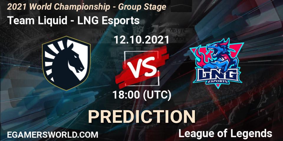 Prognose für das Spiel Team Liquid VS LNG Esports. 18.10.2021 at 12:00. LoL - 2021 World Championship - Group Stage