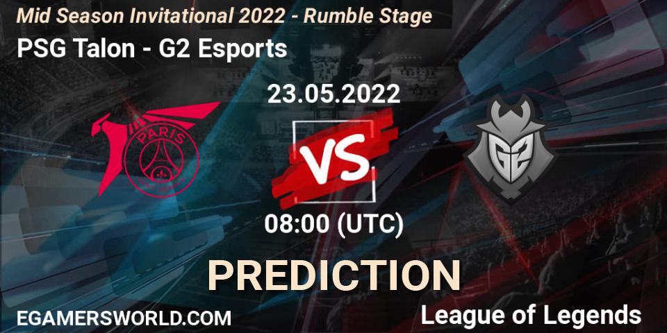 Prognose für das Spiel PSG Talon VS G2 Esports. 23.05.2022 at 08:00. LoL - Mid Season Invitational 2022 - Rumble Stage