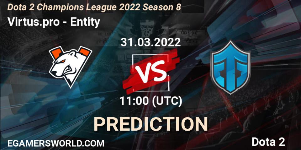 Prognose für das Spiel Virtus.pro VS Entity. 31.03.2022 at 11:00. Dota 2 - Dota 2 Champions League 2022 Season 8