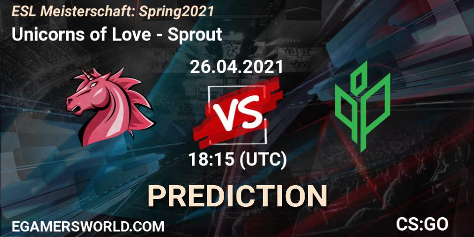 Prognose für das Spiel Unicorns of Love VS Sprout. 26.04.2021 at 18:15. Counter-Strike (CS2) - ESL Meisterschaft: Spring 2021