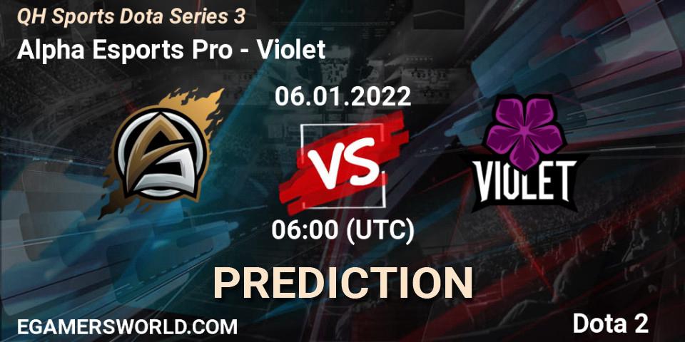 Prognose für das Spiel Alpha Esports Pro VS Violet. 06.01.2022 at 06:26. Dota 2 - QH Sports Dota Series 3