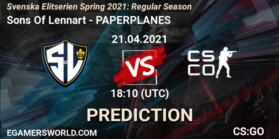 Prognose für das Spiel Sons Of Lennart VS PAPERPLANES. 21.04.2021 at 18:10. Counter-Strike (CS2) - Svenska Elitserien Spring 2021: Regular Season