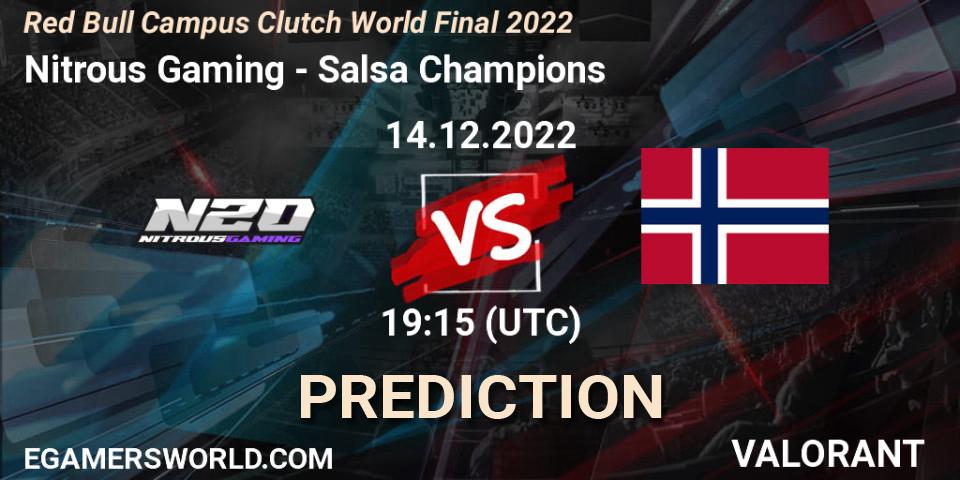 Prognose für das Spiel Nitrous Gaming VS Salsa Champions. 14.12.2022 at 19:15. VALORANT - Red Bull Campus Clutch World Final 2022