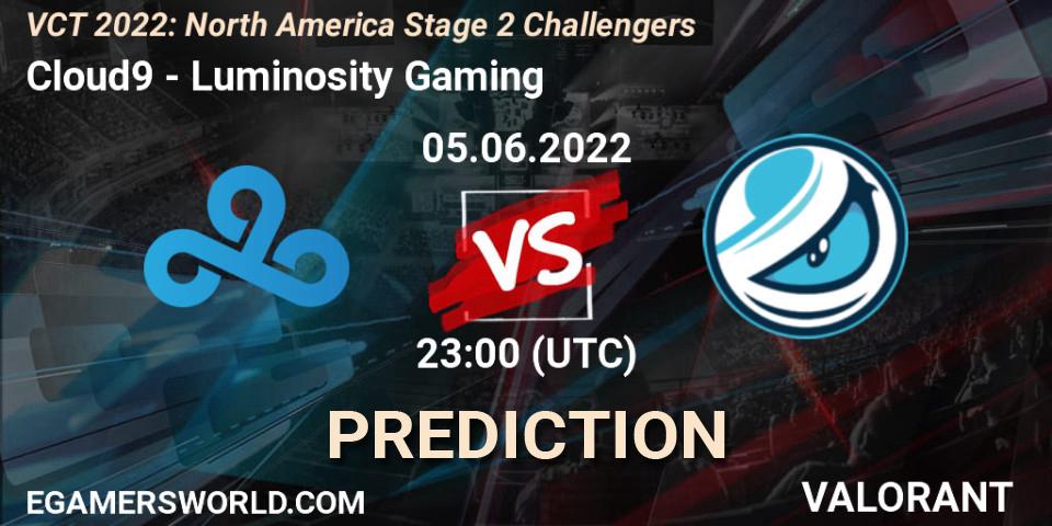 Prognose für das Spiel Cloud9 VS Luminosity Gaming. 05.06.2022 at 23:00. VALORANT - VCT 2022: North America Stage 2 Challengers