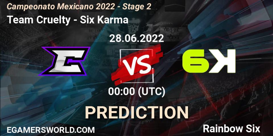 Prognose für das Spiel Team Cruelty VS Six Karma. 27.06.2022 at 23:00. Rainbow Six - Campeonato Mexicano 2022 - Stage 2