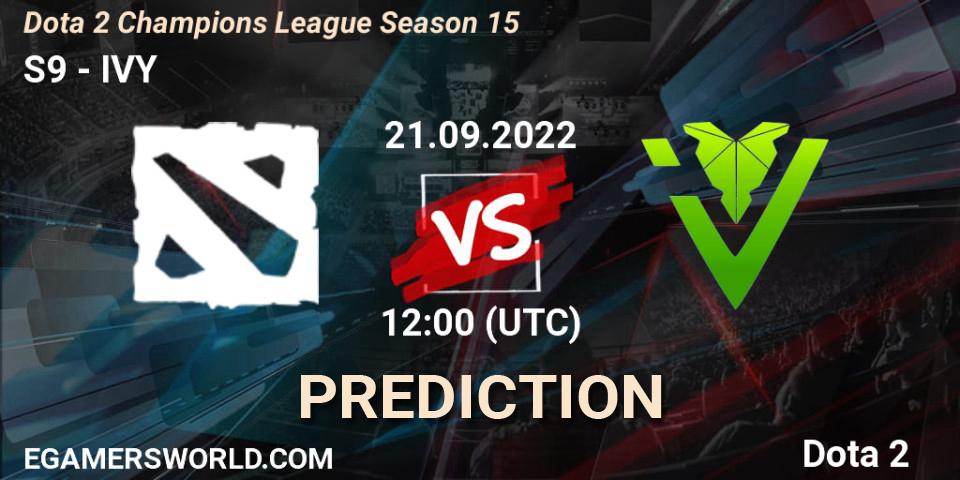 Prognose für das Spiel S9 VS IVY. 21.09.2022 at 12:10. Dota 2 - Dota 2 Champions League Season 15