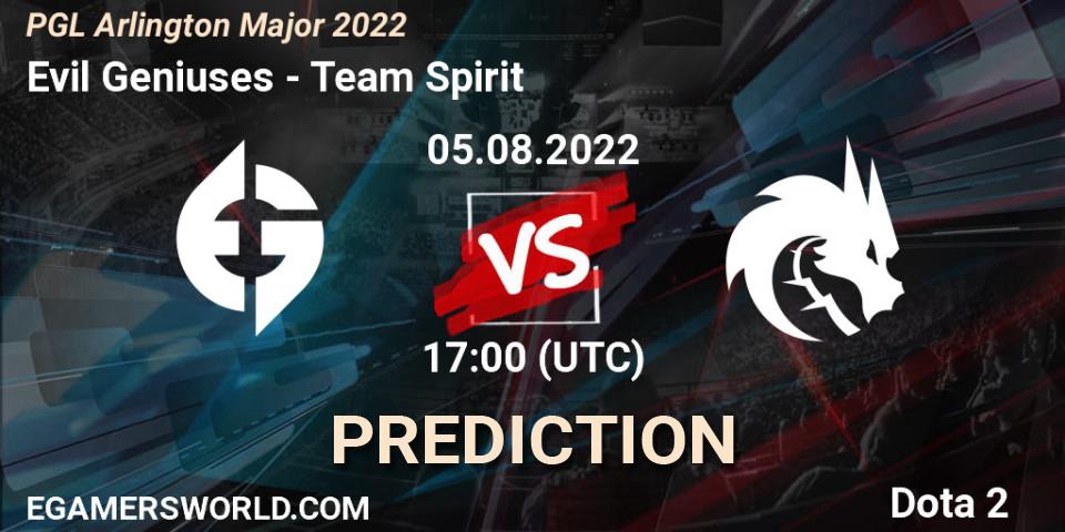 Prognose für das Spiel Evil Geniuses VS Team Spirit. 05.08.2022 at 17:15. Dota 2 - PGL Arlington Major 2022 - Group Stage