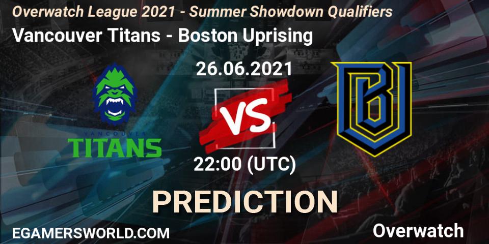 Prognose für das Spiel Vancouver Titans VS Boston Uprising. 26.06.2021 at 23:00. Overwatch - Overwatch League 2021 - Summer Showdown Qualifiers