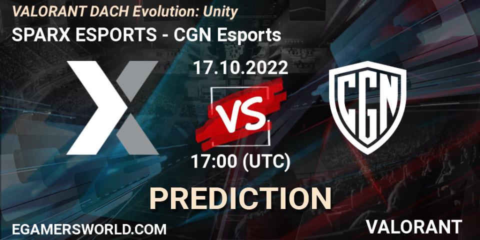 Prognose für das Spiel SPARX ESPORTS VS CGN Esports. 17.10.2022 at 17:00. VALORANT - VALORANT DACH Evolution: Unity