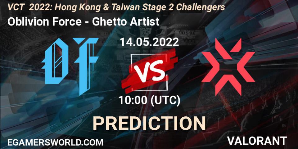 Prognose für das Spiel Oblivion Force VS Ghetto Artist. 14.05.2022 at 10:00. VALORANT - VCT 2022: Hong Kong & Taiwan Stage 2 Challengers