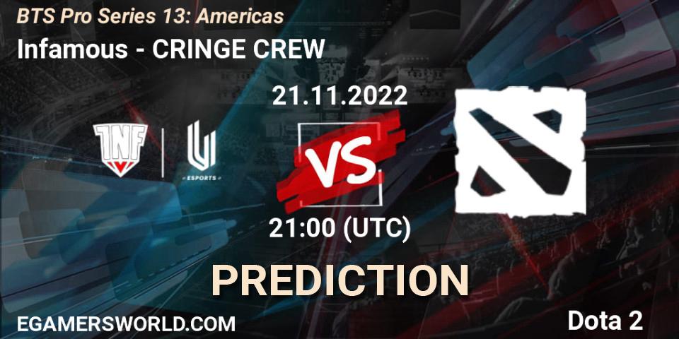 Prognose für das Spiel Infamous VS Cringe Crew. 21.11.22. Dota 2 - BTS Pro Series 13: Americas