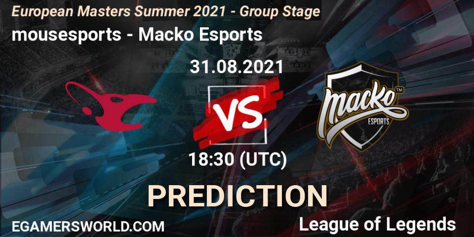 Prognose für das Spiel mousesports VS Macko Esports. 31.08.2021 at 18:30. LoL - European Masters Summer 2021 - Group Stage