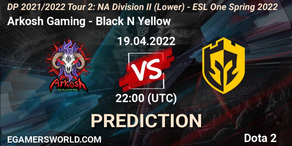 Prognose für das Spiel Arkosh Gaming VS Black N Yellow. 19.04.2022 at 21:57. Dota 2 - DP 2021/2022 Tour 2: NA Division II (Lower) - ESL One Spring 2022