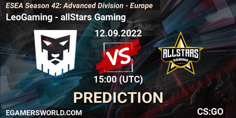 Prognose für das Spiel LeoGaming VS allStars Gaming. 12.09.2022 at 15:00. Counter-Strike (CS2) - ESEA Season 42: Advanced Division - Europe