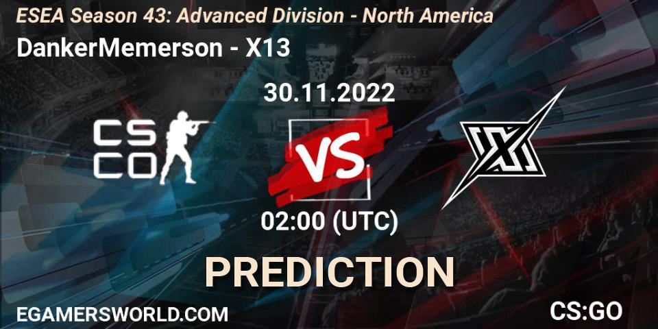 Prognose für das Spiel DankerMemerson VS X13. 30.11.22. CS2 (CS:GO) - ESEA Season 43: Advanced Division - North America