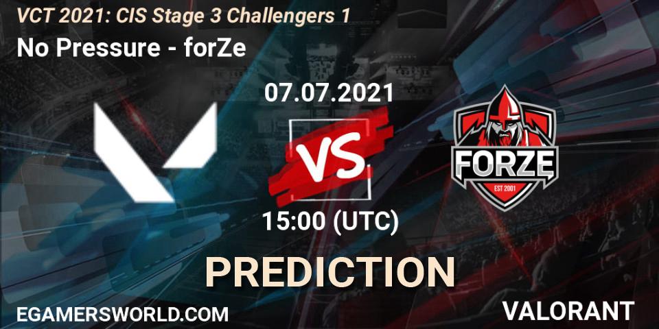 Prognose für das Spiel No Pressure VS forZe. 07.07.2021 at 15:00. VALORANT - VCT 2021: CIS Stage 3 Challengers 1