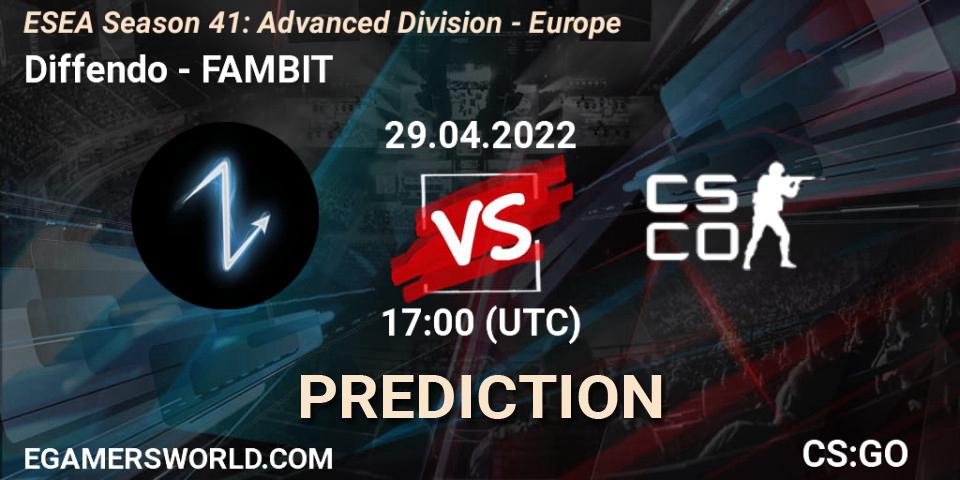 Prognose für das Spiel Diffendo VS FAMBIT. 29.04.2022 at 17:00. Counter-Strike (CS2) - ESEA Season 41: Advanced Division - Europe