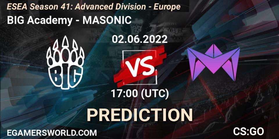 Prognose für das Spiel BIG Academy VS MASONIC. 02.06.22. CS2 (CS:GO) - ESEA Season 41: Advanced Division - Europe