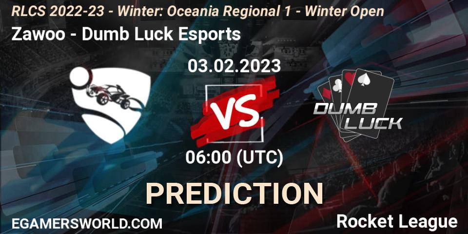 Prognose für das Spiel Zawoo VS Dumb Luck Esports. 03.02.2023 at 06:00. Rocket League - RLCS 2022-23 - Winter: Oceania Regional 1 - Winter Open